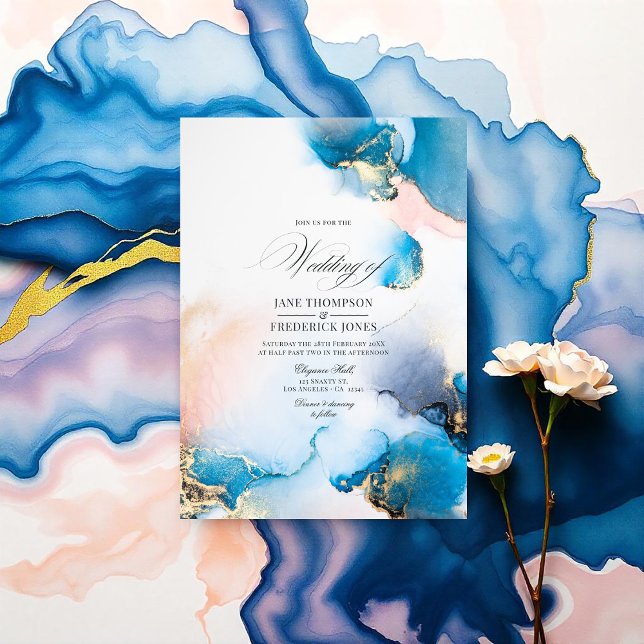 Eleganter Blue & Gold Alkohol Tinte mit Blush Acce Einladung (Elegant Blue and Gold Alcohol Ink with Blush Accents Invitation)