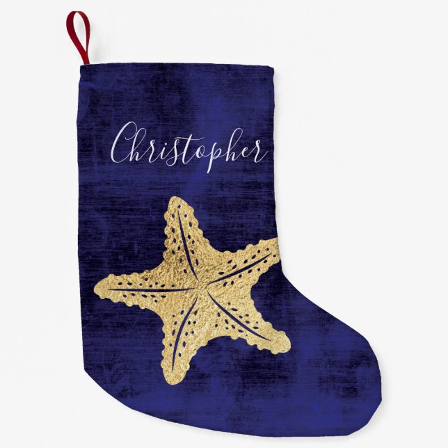 Eleganter Blue Gold Beach Sea Star Mit Monogramm Kleiner Weihnachtsstrumpf (Vorderseite)