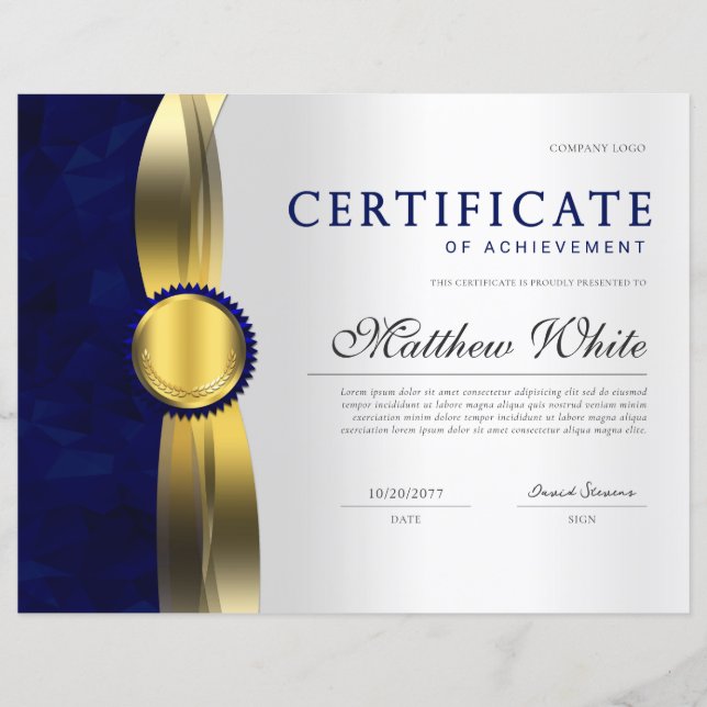 Eleganter Blue & Gold Beruflich Certificate Award (Vorderseite)