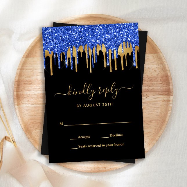 Eleganter Blue Gold Black Glitzer Tropfen Hochzeit Mitteilungskarte (Von Creator hochgeladen)