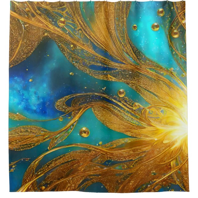 Eleganter Blue Gold Burst Duschvorhang (Vorderseite)
