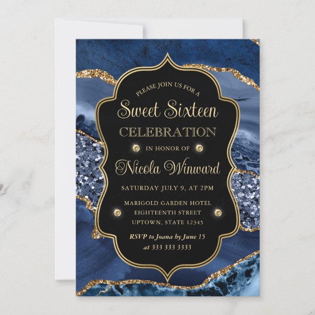 Eleganter Blue & Gold Glitzer Agate 16 . Geburtsta Einladung (Vorderseite)