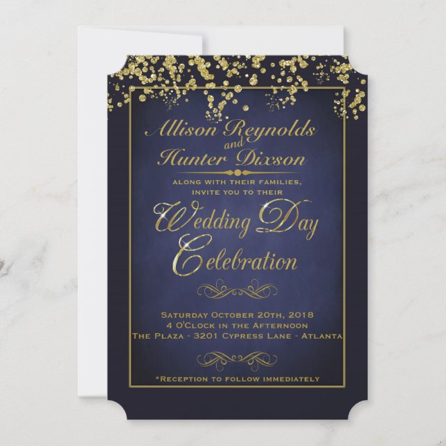 Eleganter Blue & Gold Glitzer Hochzeit Einladungen (Vorderseite)