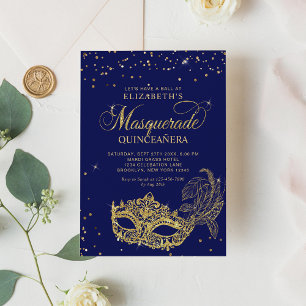 Eleganter Blue Gold Glitzer Masquerade Quinceañera Einladung