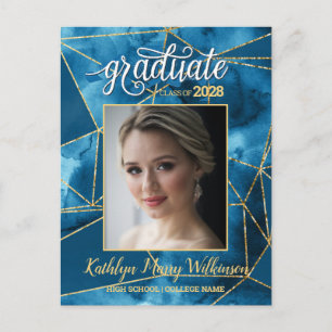 Eleganter Blue Gold Glitzer Script Foto Abschluss Einladungspostkarte