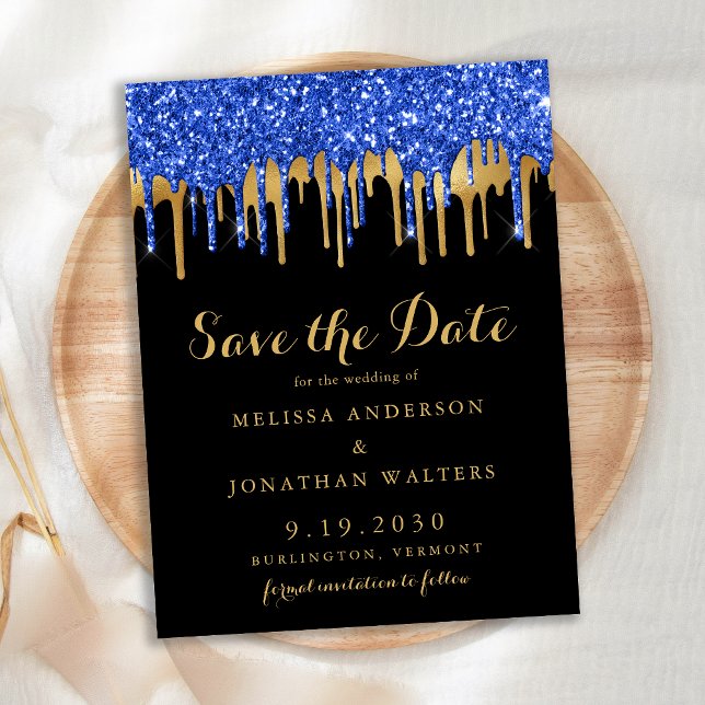 Eleganter Blue Gold Glitzer Tropfen Save the Date Postkarte (Von Creator hochgeladen)