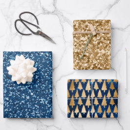 Eleganter Blue Gold Glitzer Weihnachtsbaumen Geschenkpapier Set