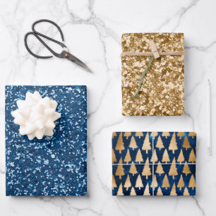 Eleganter Blue Gold Glitzer Weihnachtsbaumen Geschenkpapier Set