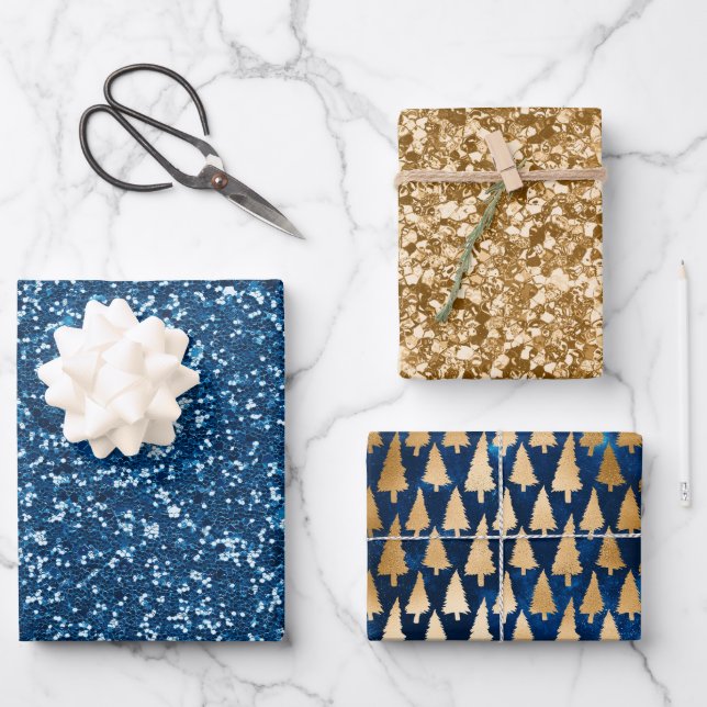 Eleganter Blue Gold Glitzer Weihnachtsbaumen Geschenkpapier Set (Vorderseite)