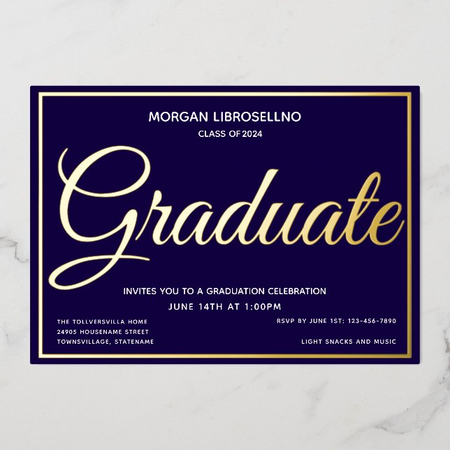 Eleganter Blue Gold Graduate Abschluss Folieneinladung (Vorderseite)