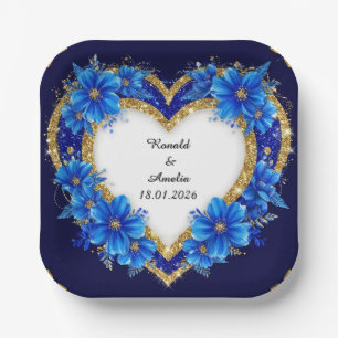 Eleganter Blue-Gold-Heart-Rahmen Pappteller