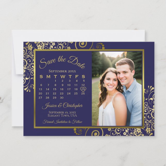 Eleganter Blue & Gold Kalender & Foto Hochzeit Save The Date (Vorderseite)