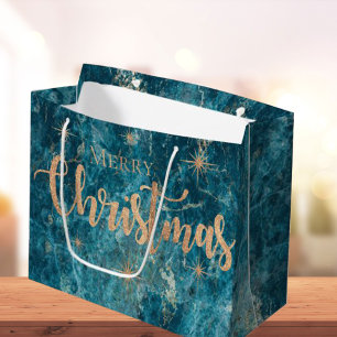 Eleganter Blue Gold Marmoreffekt Frohe Weihnachten Große Geschenktüte
