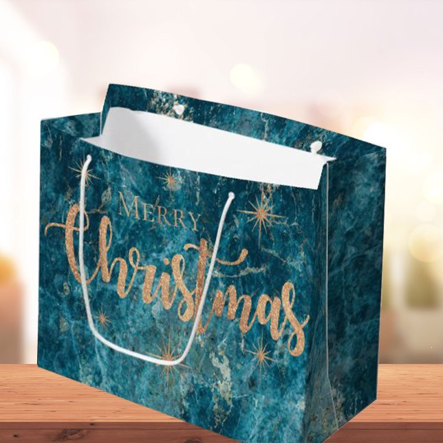 Eleganter Blue Gold Marmoreffekt Frohe Weihnachten Große Geschenktüte (Von Creator hochgeladen)