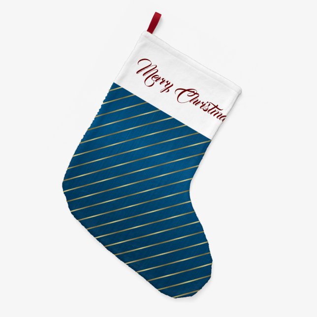 Eleganter Blue Gold Streifen Weihnachten Strumpf Großer Weihnachtsstrumpf (Vorderansicht (hängend))