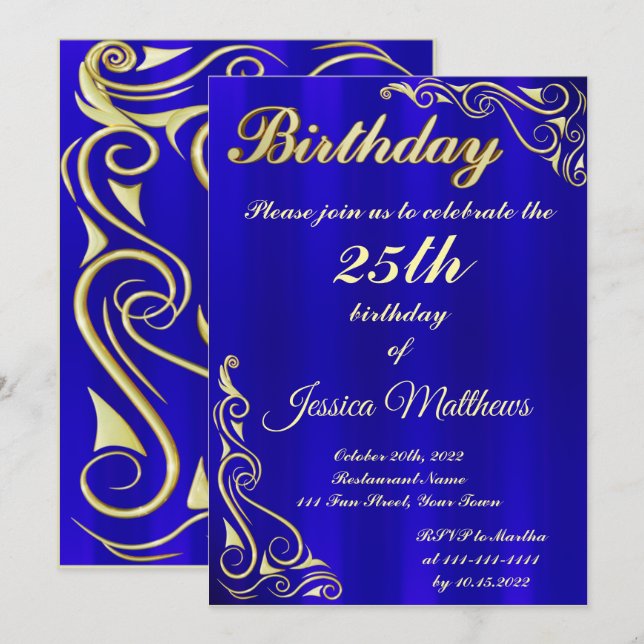 Eleganter Blue-Gold Typografie Custom Birthday Einladung (Vorne/Hinten)