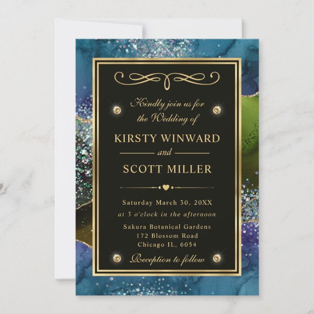 Eleganter Blue, Green und Gold Glitzer Agate Weddi Einladung (Vorderseite)