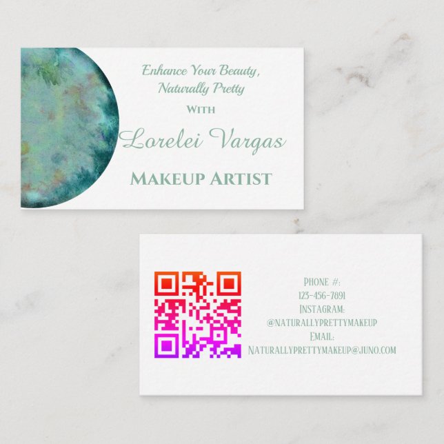 Eleganter Blue Green Watercolor Makeup Artist Visitenkarte (Vorne/Hinten)