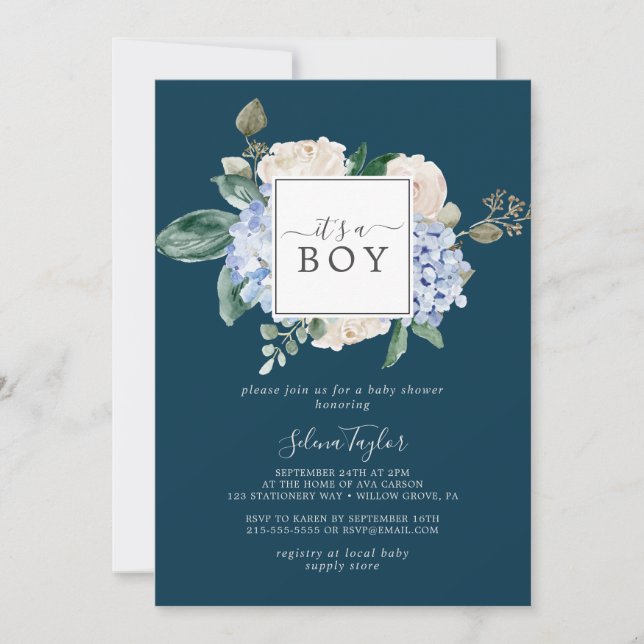Eleganter Blue Hydrangea Square Rahmen Ein Junge Einladung (Vorderseite)
