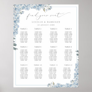 Eleganter Blue Hydrangeas Hochzeitsplan Poster