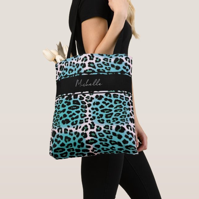 Eleganter Blue Leopard Animal Print Personalisiert Tasche (Von Nahem)