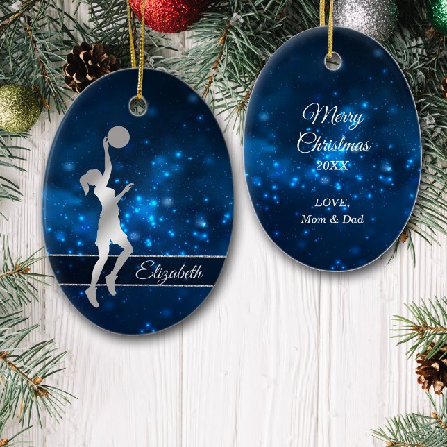 Eleganter Blue Lights Glitzer Basketball Player Keramik Ornament (Von Creator hochgeladen)