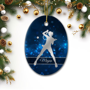 Eleganter Blue Lights Silver Female Tennis Player Keramik Ornament