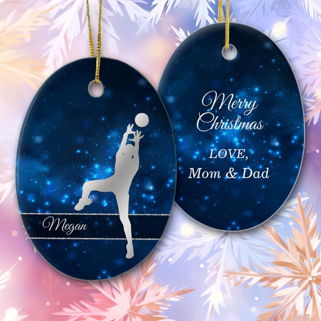 Eleganter Blue Lights Silver Volleyball Player Keramik Ornament (Von Creator hochgeladen)