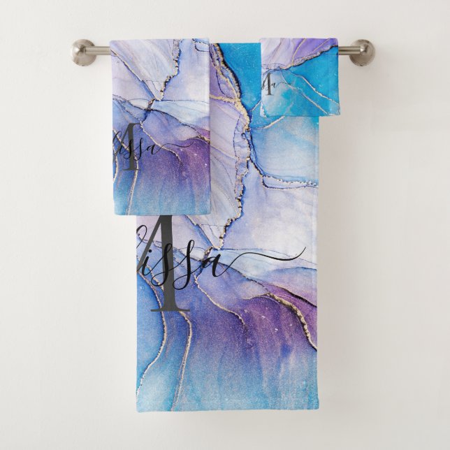 Eleganter Blue & Lila Marbled Alkohol Tinte Badhandtuch Set (Insitu)