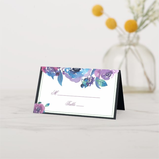 Eleganter Blue Lila Twilight Floral Wedding Table Platzkarte (Vorderseite)