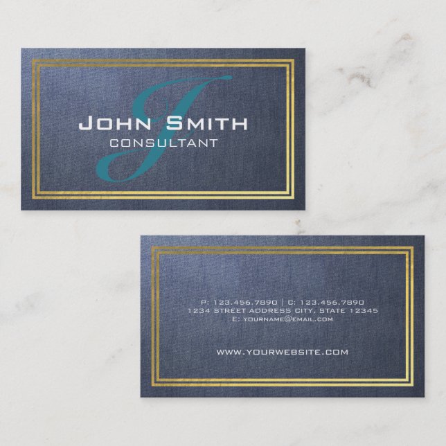 Eleganter Blue Linen und Gold Foil Border Consulta Visitenkarte (Vorne/Hinten)