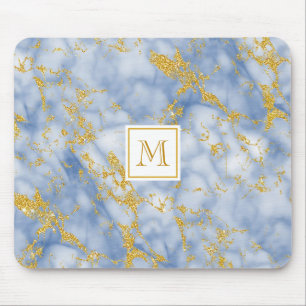 Eleganter Blue Marble Monogram Imitate Gold Glitze Mousepad