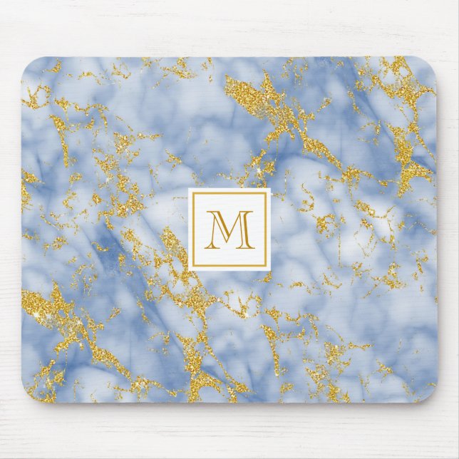 Eleganter Blue Marble Monogram Imitate Gold Glitze Mousepad (Vorne)
