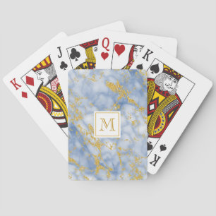 Eleganter Blue Marble Monogram Imitate Gold Glitze Spielkarten