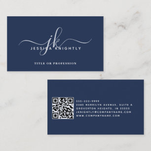 Eleganter Blue Monogram Script Initials QR Code Visitenkarte