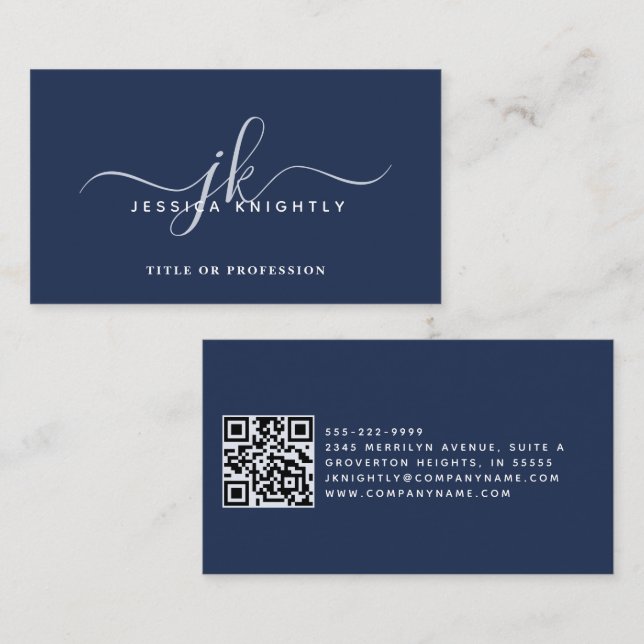 Eleganter Blue Monogram Script Initials QR Code Visitenkarte (Vorne/Hinten)