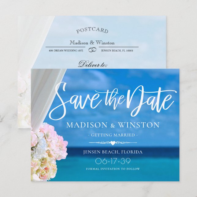 Eleganter Blue Ocean Beach Summer Save the Date Ankündigungspostkarte (Vorne/Hinten)