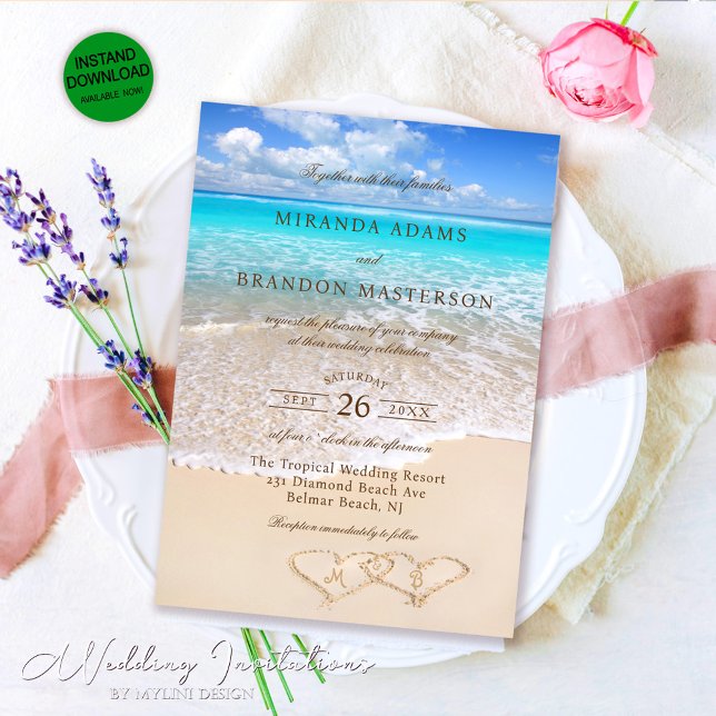 Eleganter Blue Ocean Tropical Beach Hochzeit Einladung (Von Creator hochgeladen)