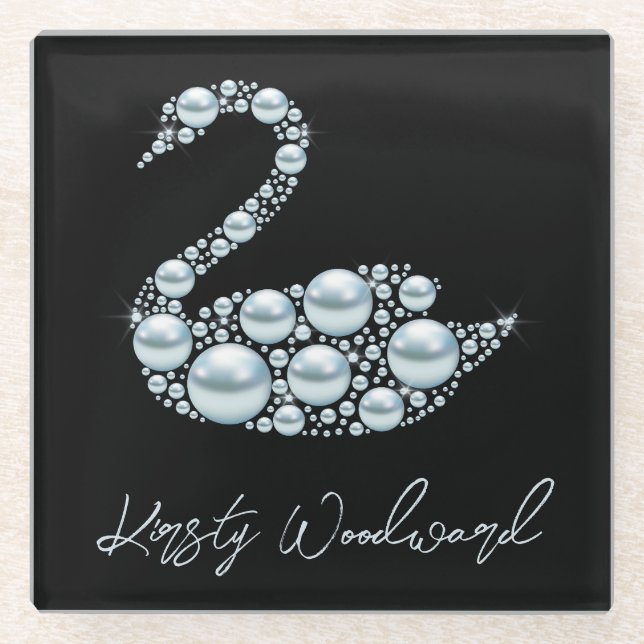 Eleganter Blue Pearl Swan auf schwarzem Hintergrun Glasuntersetzer (Vorderseite)