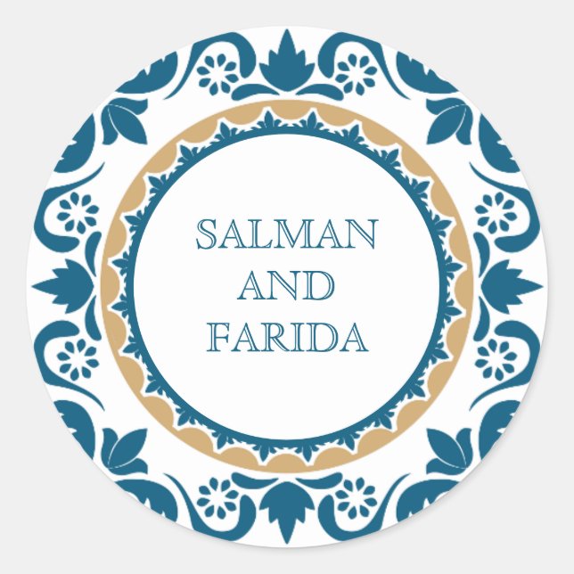 Eleganter Blue Persian Mosaic Wedding Umschlag Auf Runder Aufkleber (Vorderseite)
