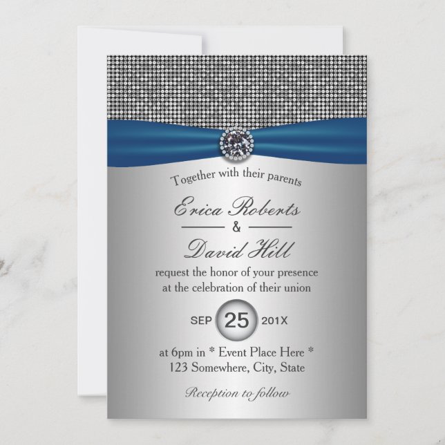 Eleganter Blue Ribbon Moderner Silberner Glitzer H Einladung (Vorderseite)