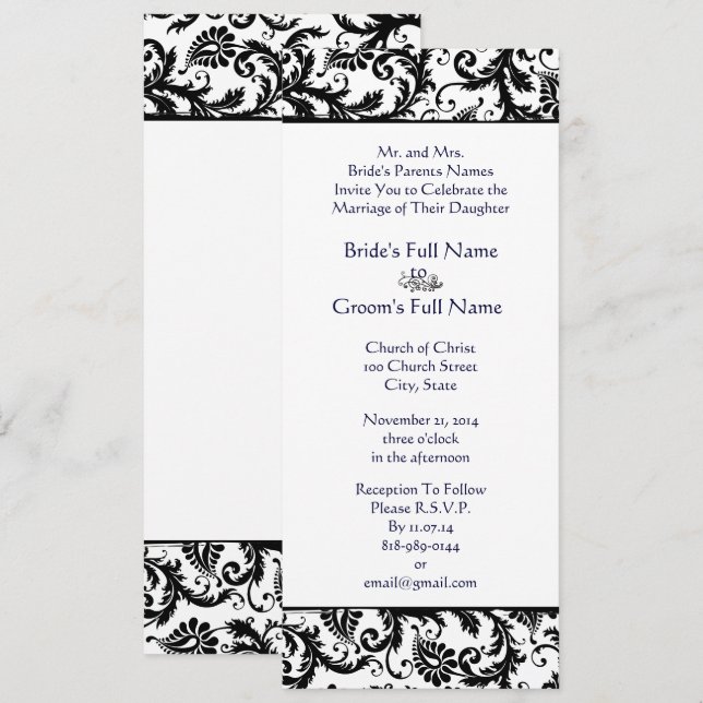 Eleganter Blue Schriftart Black Damask Einladung (Vorne/Hinten)