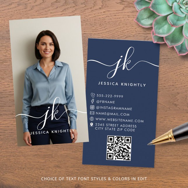 Eleganter Blue Script Monogram Logo Foto QR Code Visitenkarte (Von Creator hochgeladen)