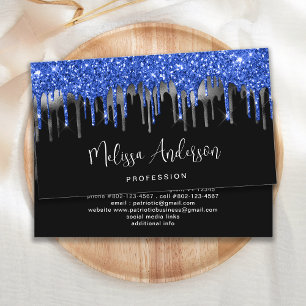 Eleganter Blue Silver Glitzer Tropfen Black Modern Visitenkarte