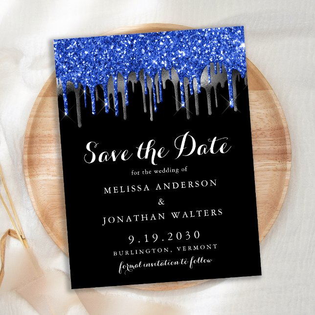 Eleganter Blue Silver Glitzer Tropfen Save the Dat Postkarte (Von Creator hochgeladen)