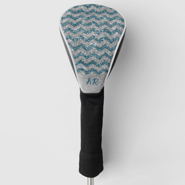 Eleganter Blue Silver Glitzer Zickzack Zig Zag Golf Headcover (Vorderseite)