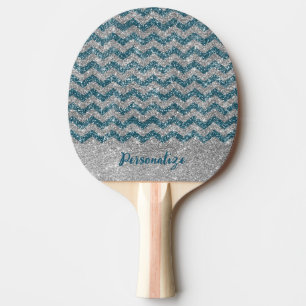 Eleganter Blue Silver Glitzer Zickzack Zig Zag Tischtennis Schläger