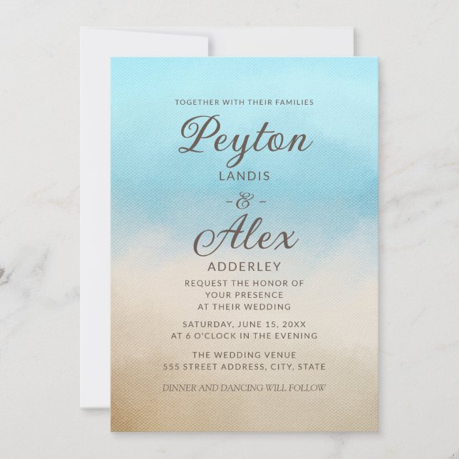 Eleganter Blue Tan Watercolor Beach Inspiriert Einladung (Vorderseite)