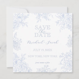 Eleganter Blue Toile Floral Square Save the Date Einladung