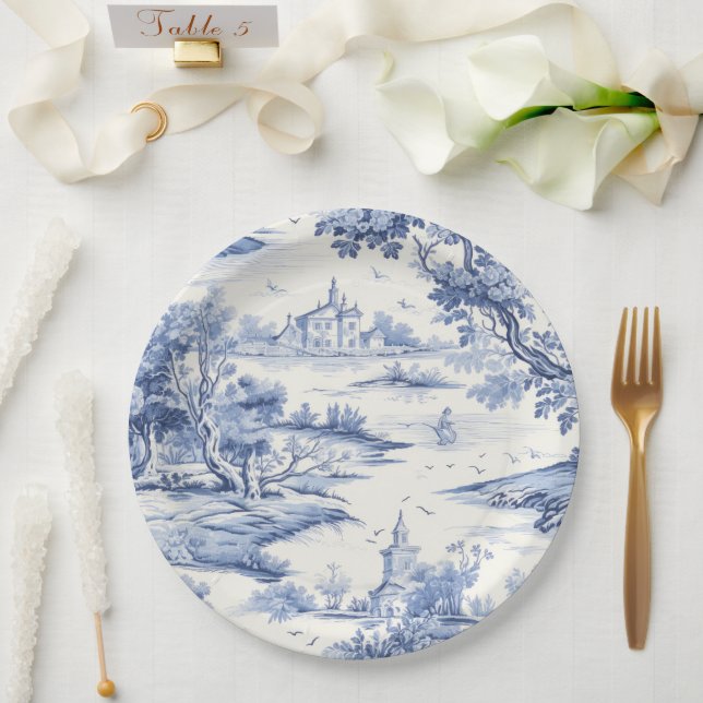 Eleganter Blue Toile Klassischer Porzellan Stil Pappteller (Hochzeit)